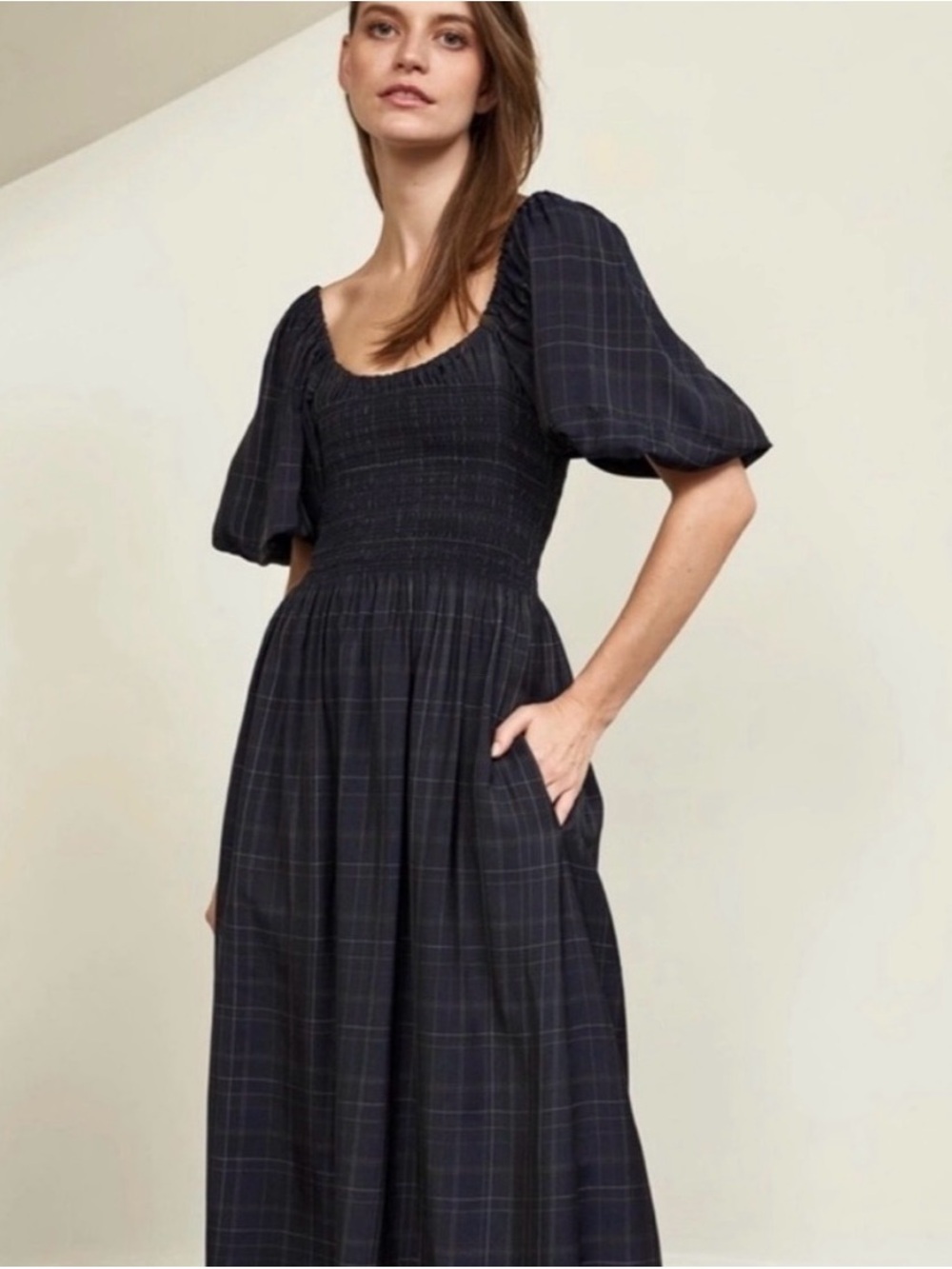 La Ligne Dark Plaid Smocked Maxi Dress in Black and Navy